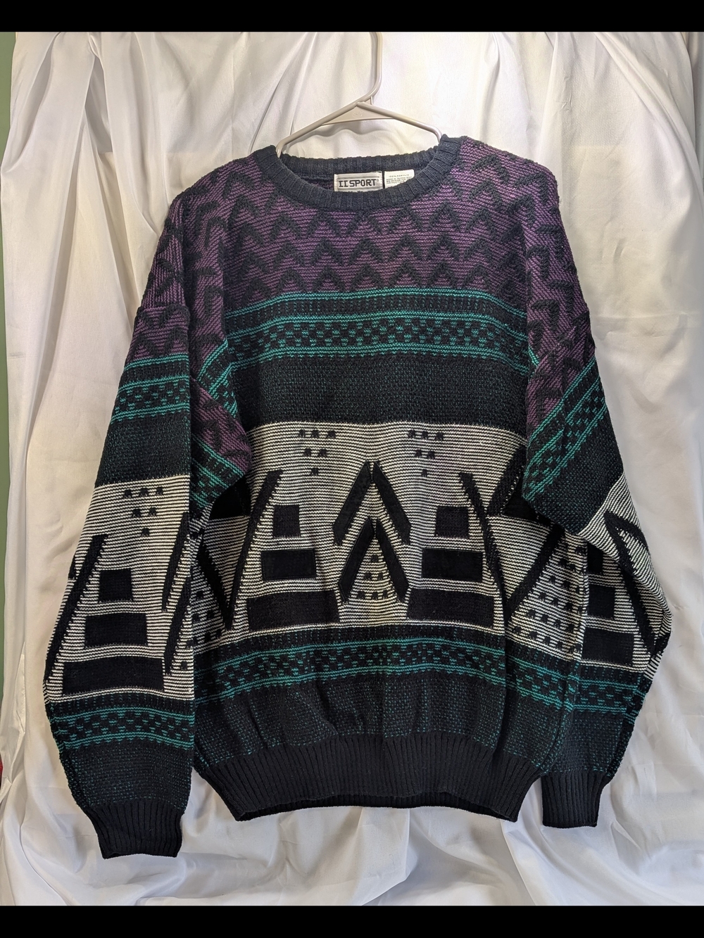 VGT 1990's II Sport Men's Geometric Patterned Crewneck Sweater Purple & Teal  XL